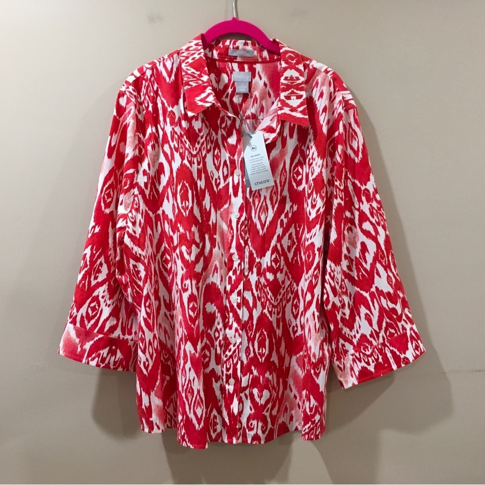 Chicos No Iron Chic Stretch Shirt Ikat Printed Orange Women’s Plus 20-22 New